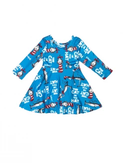 Sydney So Sweet Storybook Cat Blue Long Sleeve Girls Skater Dress