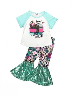 Sydney So Sweet Home Is Where You Park It Camper Floral Sequin Girls Bell Bottom Outfit