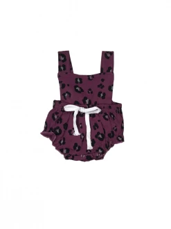 Sydney So Sweet Plum Purple Animal Print Ruffle Baby Girls Bubble Romper New Arrivals