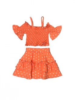Sydney So Sweet Bright Orange Polka Dot Cold Shoulder Ruffle Girls Skirt Outfit Dresses & Skirt Sets