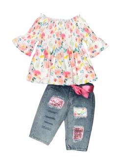 Sydney So Sweet Blooming Spring Day Floral Smocked Sequin Capri Denim Girls Outfit
