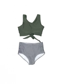 Sydney So Sweet Olive Green Stripe Tie Knot Two Piece Girls Swimsuit