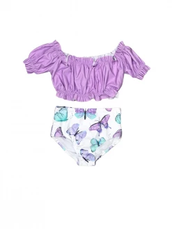 Sydney So Sweet Lavender Butterfly Fields Ruffle High Waisted Girls Swimsuit