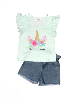 Sydney So Sweet Believe In Unicorns Mint Flutter Sleeve Denim Girls Shorts Outfit