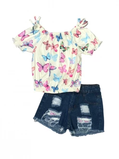 Sydney So Sweet Spread Your Wings Butterfly Pastel Denim Patch Girls Shorts Outfit