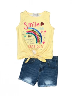 Sydney So Sweet Shorts & Capri Outfits Smile Now Glitter Rainbow Yellow Tie Knot Denim Girls Shorts Outfit