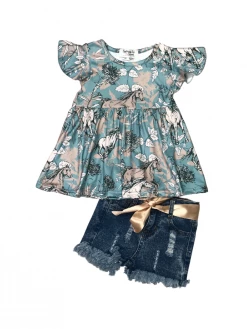 Sydney So Sweet Hold Your Horses Blue Flutter Sleeve Denim Girls Shorts Outfit