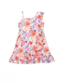 Sydney So Sweet Pink & Purple Floral Bouquet Ruffle One Shoulder Girls Dress