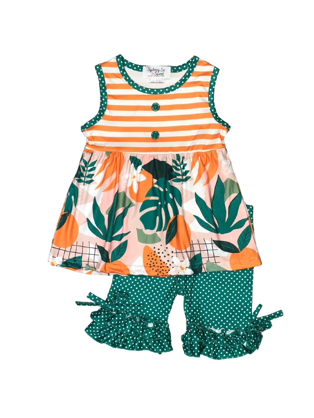 Sydney So Sweet Shorts & Capri Outfits Orange Tropics Teal Polka Dot Ruffle Girls Shorts Outfit 2 Sydney So Sweet Shorts & Capri Outfits Orange Tropics Teal Polka Dot Ruffle Girls Shorts Outfit