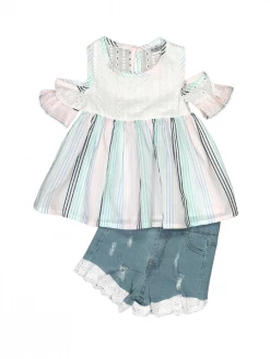 Sydney So Sweet Blue & Gray Stripe Cold Shoulder Lace Denim Girls Shorts Outfit New Arrivals