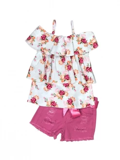 Sydney So Sweet New Arrivals Fuchsia Rose Tiered Ruffle Denim Patch Girls Shorts Outfit