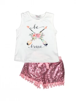 Sydney So Sweet New Arrivals Be Brave Floral Arrow Pink Sequin Pom Girls Shorts Outfit