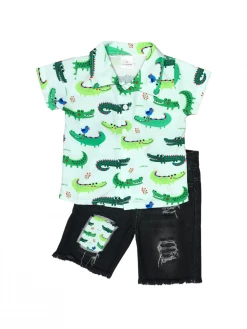 Sydney So Sweet New Arrivals See You Later Alligator Blue Button Up Boys Denim Shorts Outfit