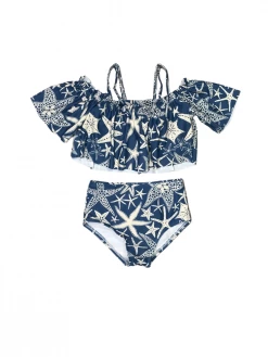 Sydney So Sweet Sand Dollar Blue High Waisted Three Piece Girls Swimsuit Bikini