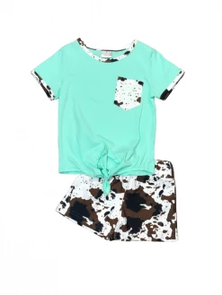 Sydney So Sweet New Arrivals Mint Blue Cow Print Tie Knot Girls Shorts Outfit