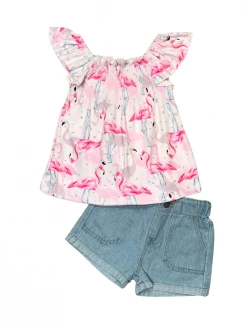 Sydney So Sweet Fancy Flamingo Pink Flutter Denim Girls Shorts Outfit