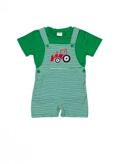 Sydney So Sweet New Arrivals Vintage Red Tractor Green Stripe Boys Overalls Outfit