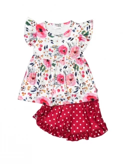 Sydney So Sweet Shorts & Capri Outfits Happiness Blooms Pink Polka Watercolor Floral Ruffle Shorts Outfit