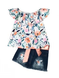 Sydney So Sweet Let Your Dreams Blossom Orange & Blue Floral Denim Girls Shorts Outfit New Arrivals