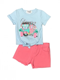 Sydney So Sweet Glamping Queen Pink Coral Denim Girls Shorts Outfit