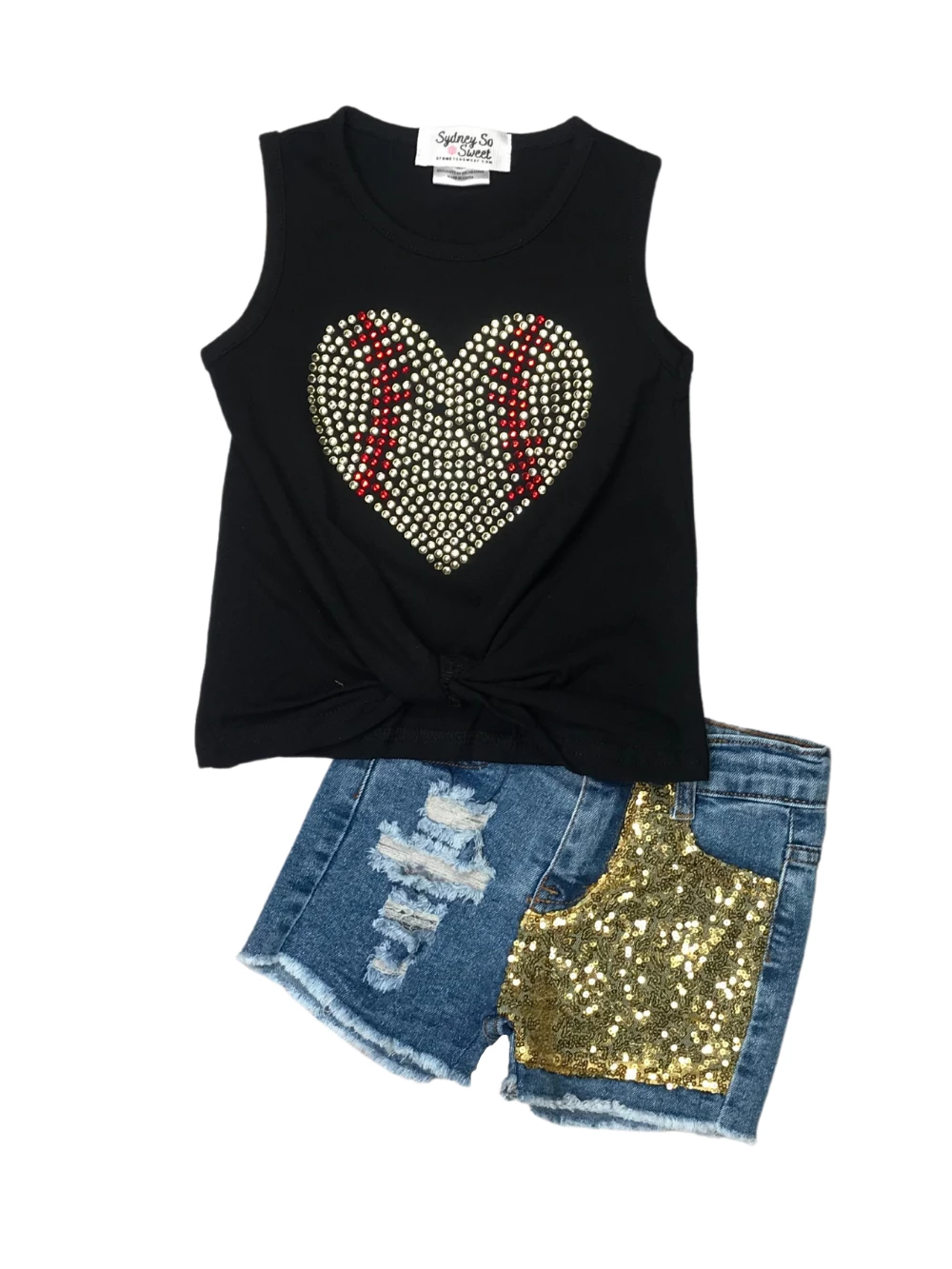 Sydney So Sweet New Arrivals Game Day Gold Sequin Baseball Heart Denim Girls Shorts Outfit 2 Sydney So Sweet New Arrivals Game Day Gold Sequin Baseball Heart Denim Girls Shorts Outfit