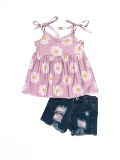 Sydney So Sweet New Arrivals Perfectly Picked Daisy Purple Denim Patch Girls Shorts Outfit