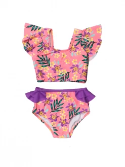 Sydney So Sweet Pink & Purple Tropical Vacation High Waisted Ruffle Girls Swimsuit Bikini