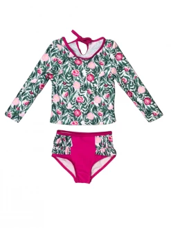 Sydney So Sweet Hot Pink Peonies Floral Long Sleeve Ruffle Girls Swimsuit