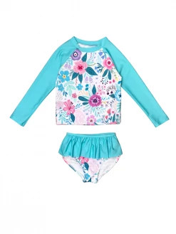Sydney So Sweet Pretty In Peonies Blue Ruffle Long Sleeve Girls Swimsuit