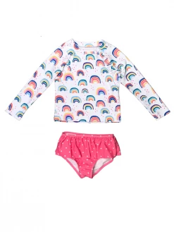Sydney So Sweet Pink Polka Rainbow Ruffle Long Sleeve Girls Swimsuit