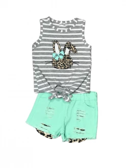 Sydney So Sweet Mint To Be Bunny Cheetah Stripe Denim Patch Girls Shorts Outfit