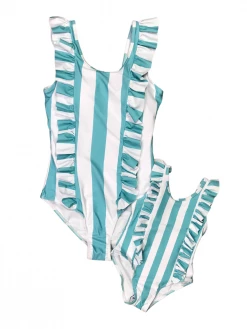 Sydney So Sweet Mommy And Me Swimsuit - Light Blue & White Stripe Ruffle Matching One Piece