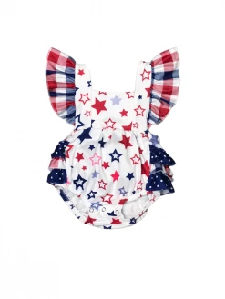 Sydney So Sweet Baby Boutique All American Cutie Red White & Blue Stars Ruffle Girls Baby Romper