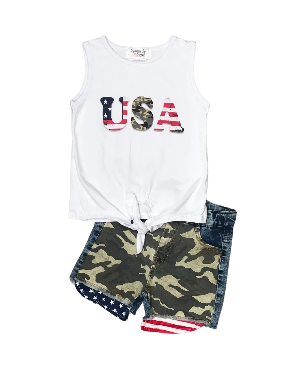 Sydney So Sweet New Arrivals USA Camo American Flag Tie Knot Denim Girls 4th Of July Shorts Outfit 2 Sydney So Sweet New Arrivals USA Camo American Flag Tie Knot Denim Girls 4th Of July Shorts Outfit