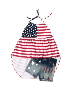 Sydney So Sweet Little Miss America Star Hi Lo Tank Denim Girls 4th Of July Shorts Outfit