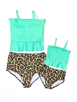 Sydney So Sweet Mommy And Me Swimsuit - Mint Cheetah Smocked High Waisted Tankini Bikini Best Sellers