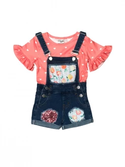 Sydney So Sweet Peach Out Coral Heart Sequin Denim Patch Girls Overall Shorts Outfit