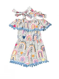 Sydney So Sweet End Of The Rainbow Blue Polka Dot Tie Strap Girls Shorts Romper
