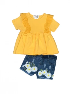 Sydney So Sweet New Arrivals Daisy Days Yellow Ruffle Flare Embroidered Denim Girls Shorts Outfit