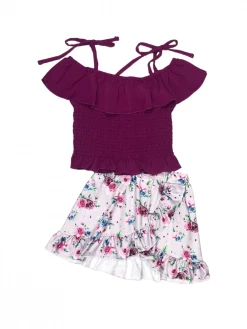 Sydney So Sweet New Arrivals Bouquet Blue & Purple Smocked Cold Shoulder Ruffle Girls Skirt Outfit
