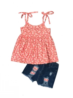 Sydney So Sweet New Arrivals Coral Ditsy Floral Denim Patch Girls Shorts Outfit