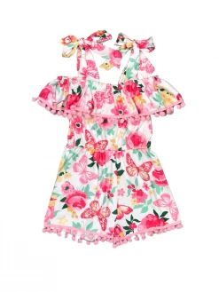 Sydney So Sweet Butterfly Bright Pink Floral Cold Shoulder Pom Girls Shorts Romper New Arrivals