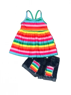 Sydney So Sweet Bright Rainbow Stripe Tank Denim Patch Girls Shorts Outfit New Arrivals