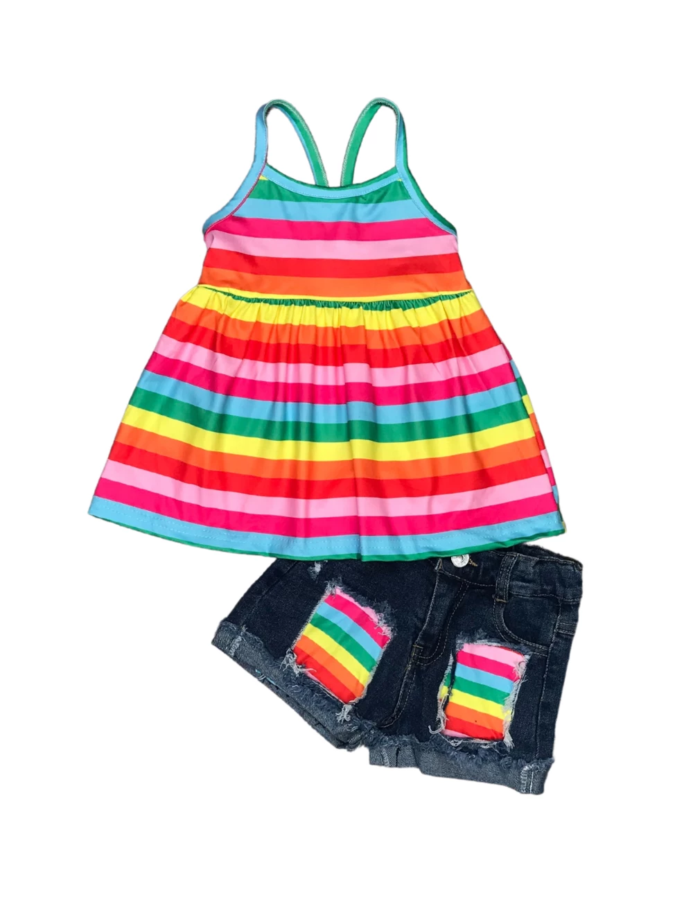 Sydney So Sweet Bright Rainbow Stripe Tank Denim Patch Girls Shorts Outfit New Arrivals 2 Sydney So Sweet Bright Rainbow Stripe Tank Denim Patch Girls Shorts Outfit New Arrivals