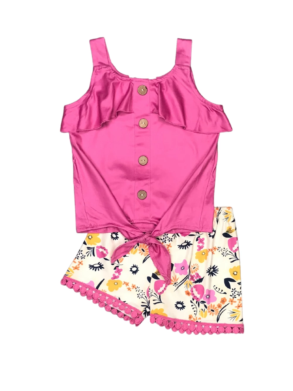 Sydney So Sweet New Arrivals Fuchsia Floral Tie Knot Pom Cold Shoulder Girls Shorts Outfit 2 Sydney So Sweet New Arrivals Fuchsia Floral Tie Knot Pom Cold Shoulder Girls Shorts Outfit