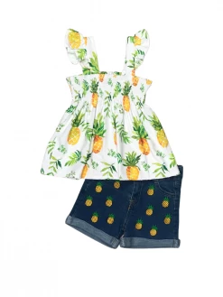 Sydney So Sweet Fresh Pineapple Watercolor Smocked Denim Girls Shorts Outfit New Arrivals