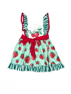 Sydney So Sweet Strawberry Picking Green Flutter Ruffle Girls Dress