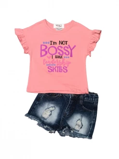 Sydney So Sweet Not Bossy Leadership Skills Pink Ruffle Denim Girls Shorts Outfit
