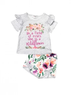 Sydney So Sweet Field Of Roses Wildflower Gray Floral Ruffle Girls Shorts Outfit