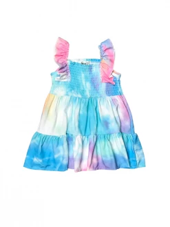 Sydney So Sweet Blue Pink & Purple Cloud Tie Dye Smocked Ruffle Girls Dress